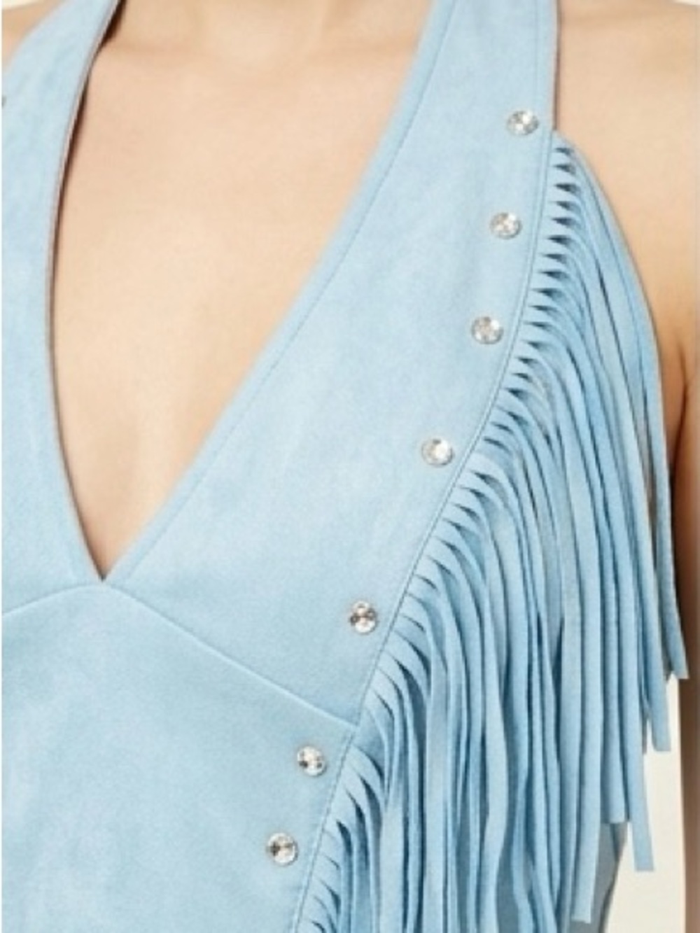 Forever 21 Blue Faux Suede Fringe Halter Crop Top